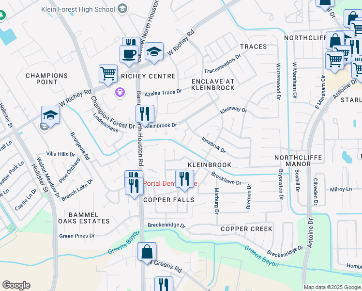 map of restaurants, bars, coffee shops, grocery stores, and more near 7 East Bend Lane in Houston