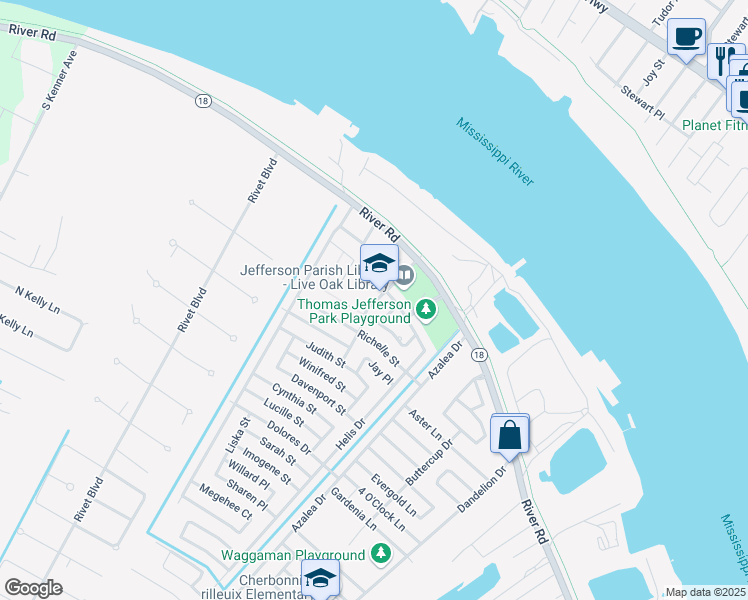 map of restaurants, bars, coffee shops, grocery stores, and more near 200 Acadia Drive in Westwego