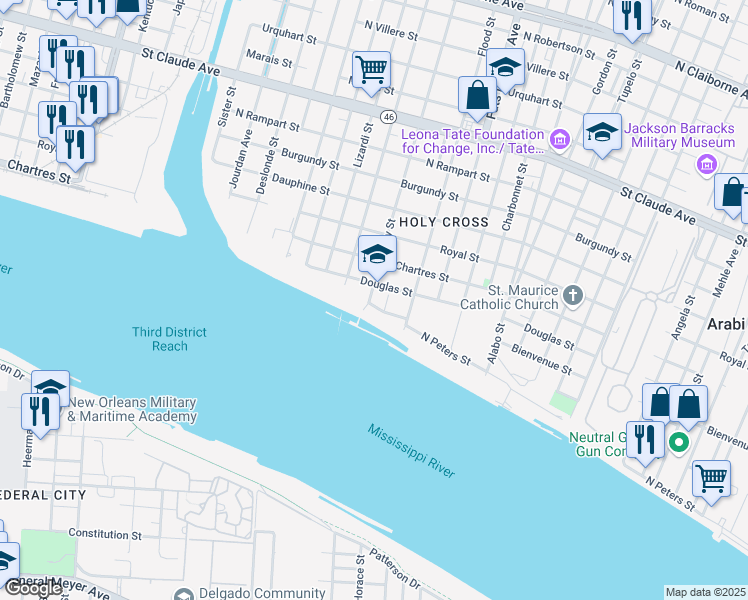map of restaurants, bars, coffee shops, grocery stores, and more near 405 Andry Street in New Orleans