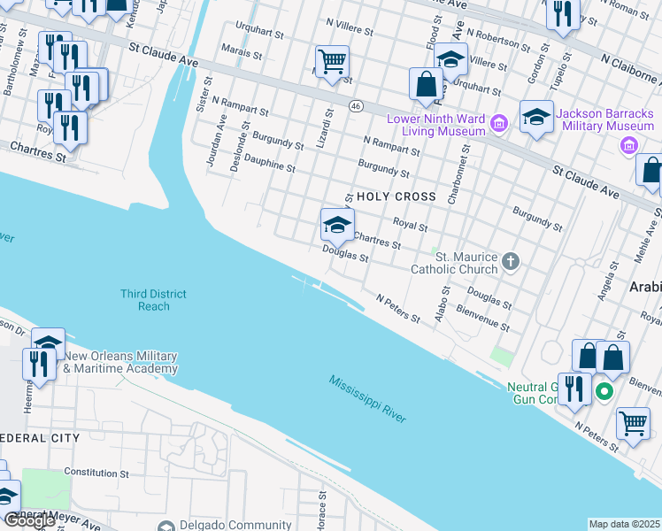 map of restaurants, bars, coffee shops, grocery stores, and more near 417 Andry Street in New Orleans
