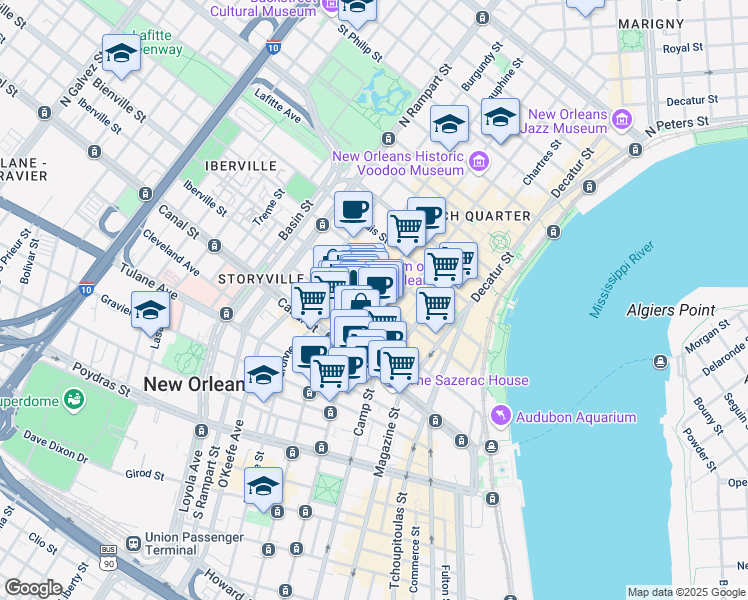 map of restaurants, bars, coffee shops, grocery stores, and more near 209 Bourbon Street in New Orleans