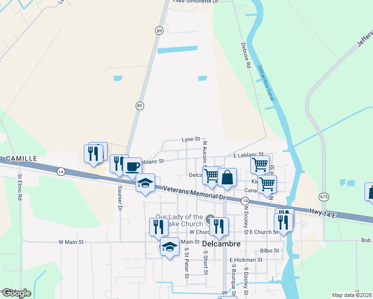 map of restaurants, bars, coffee shops, grocery stores, and more near North Marie in Delcambre