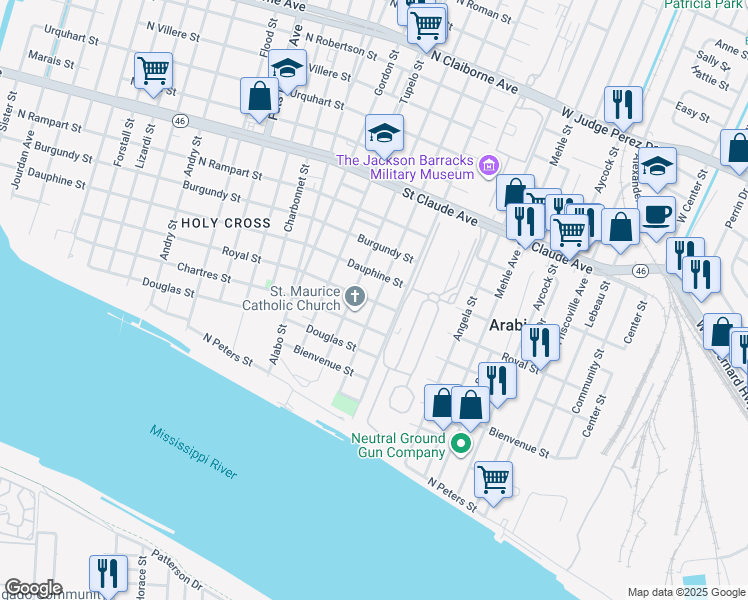 map of restaurants, bars, coffee shops, grocery stores, and more near 6318 Royal Street in New Orleans