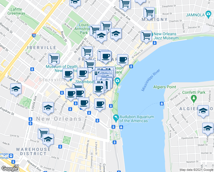 map of restaurants, bars, coffee shops, grocery stores, and more near 429 Decatur Street in New Orleans