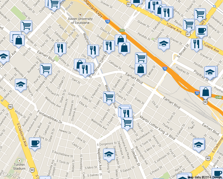 map of restaurants, bars, coffee shops, grocery stores, and more near 4331 Thalia Street in New Orleans