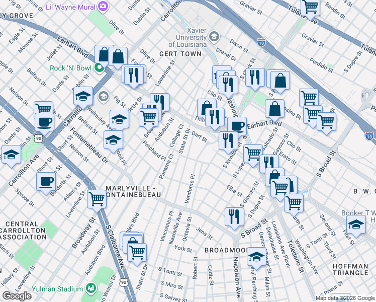 map of restaurants, bars, coffee shops, grocery stores, and more near 4204 Vendome Place in New Orleans
