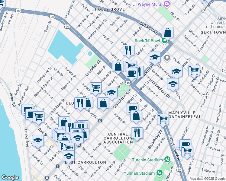 map of restaurants, bars, coffee shops, grocery stores, and more near 2119 Dublin Street in New Orleans