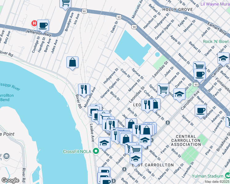 map of restaurants, bars, coffee shops, grocery stores, and more near 1619 Eagle Street in New Orleans