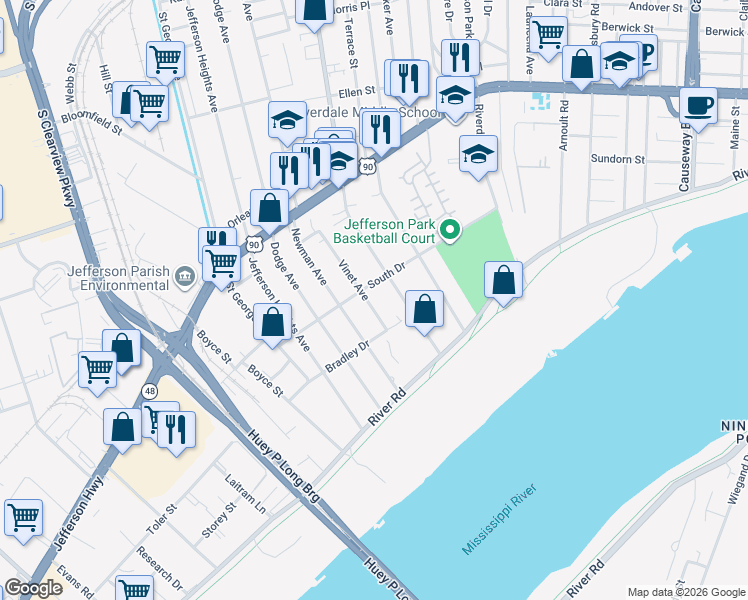 map of restaurants, bars, coffee shops, grocery stores, and more near 236 Vinet Avenue in Jefferson