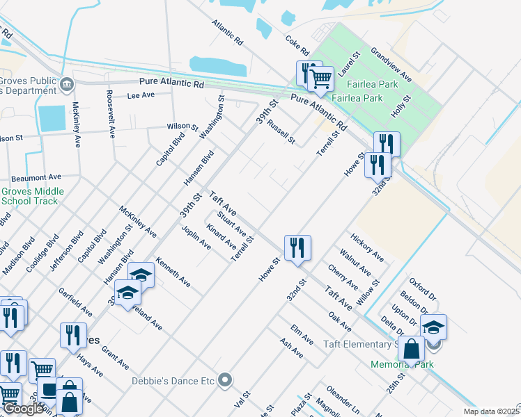map of restaurants, bars, coffee shops, grocery stores, and more near 6933 Terrell Street in Groves