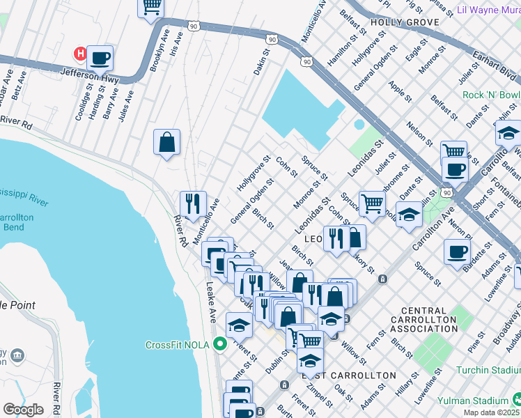 map of restaurants, bars, coffee shops, grocery stores, and more near 1619 Eagle Street in New Orleans