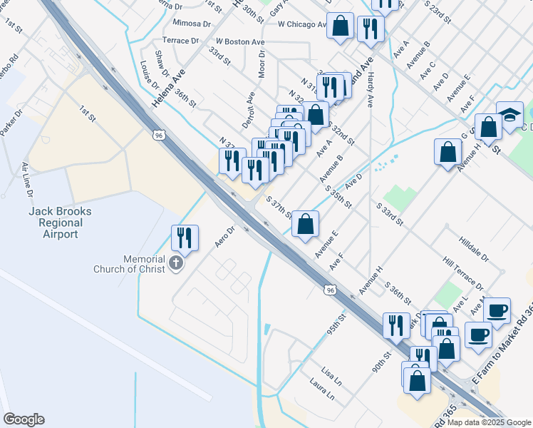 map of restaurants, bars, coffee shops, grocery stores, and more near 203 South Memorial Freeway in Nederland