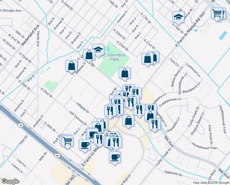 map of restaurants, bars, coffee shops, grocery stores, and more near 2719 Avenue N in Nederland