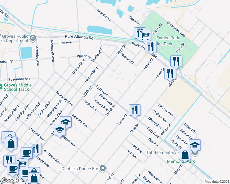 map of restaurants, bars, coffee shops, grocery stores, and more near 6933 Terrell Street in Groves