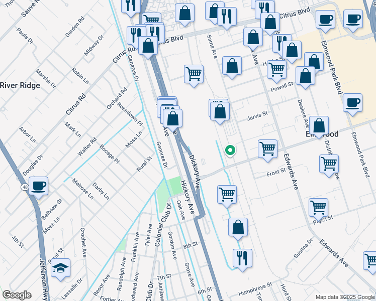 map of restaurants, bars, coffee shops, grocery stores, and more near 1117 Dickory Avenue in River Ridge
