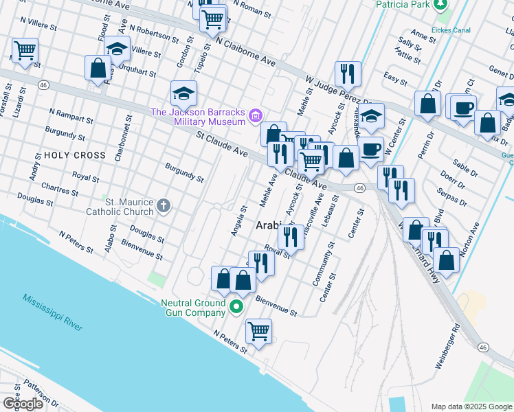 map of restaurants, bars, coffee shops, grocery stores, and more near in Arabi