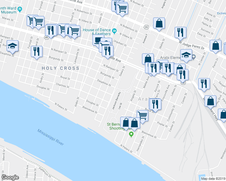 map of restaurants, bars, coffee shops, grocery stores, and more near 6318 Royal Street in New Orleans