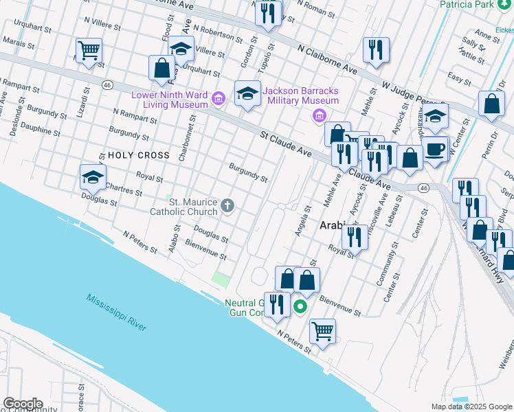 map of restaurants, bars, coffee shops, grocery stores, and more near 6318 Royal Street in New Orleans