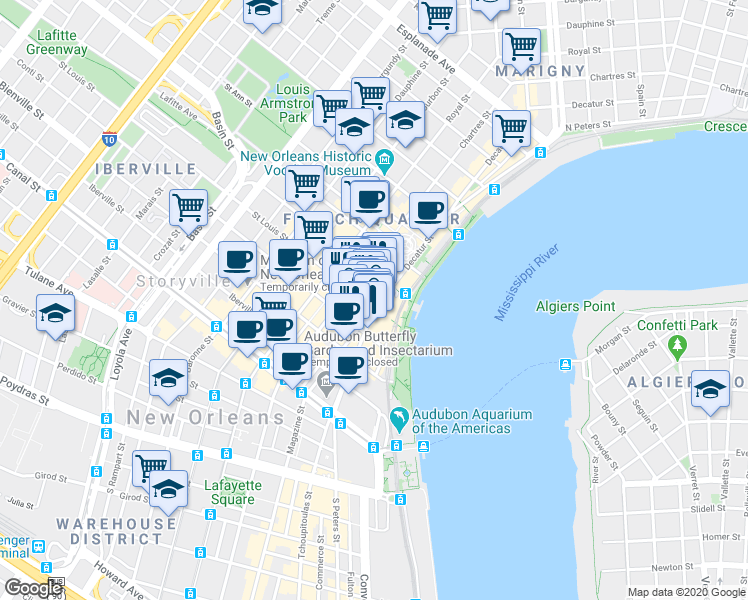 map of restaurants, bars, coffee shops, grocery stores, and more near 429 Decatur Street in New Orleans