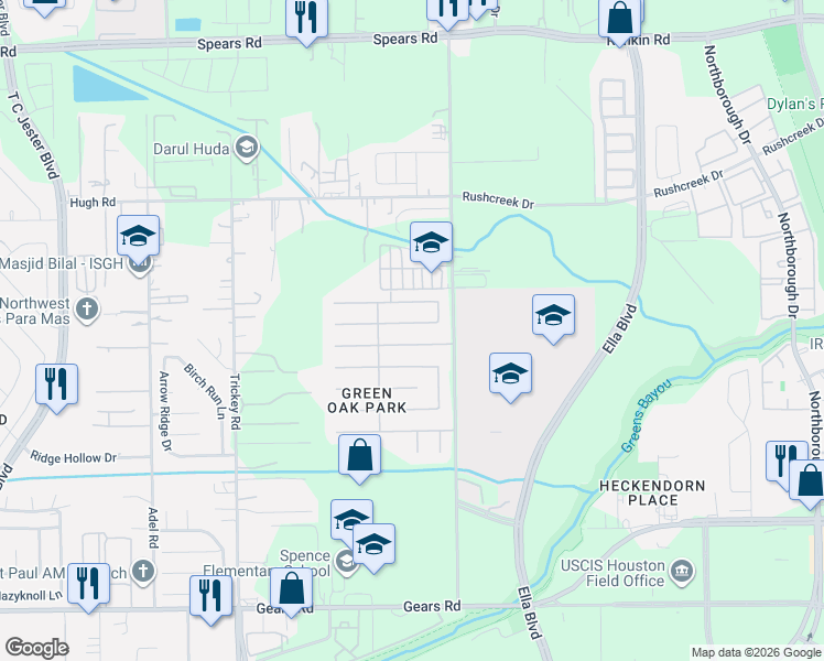 map of restaurants, bars, coffee shops, grocery stores, and more near 1222 Bartlett Cove Drive in Houston