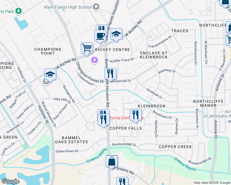 map of restaurants, bars, coffee shops, grocery stores, and more near 11106 Bammel North Houston Road in Houston