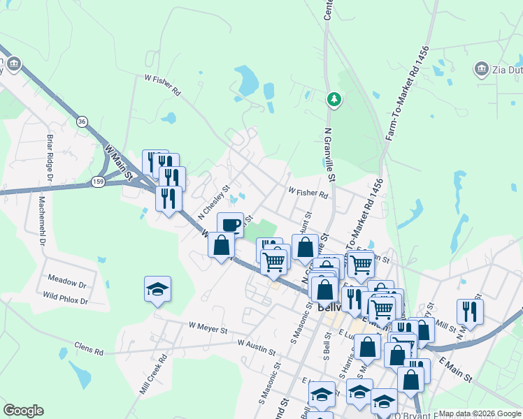 map of restaurants, bars, coffee shops, grocery stores, and more near 212 North Baron Street in Bellville