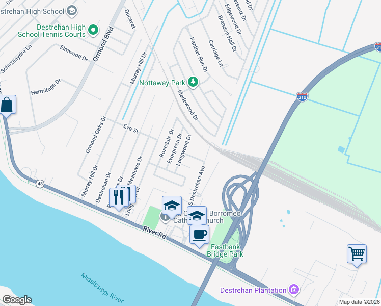 map of restaurants, bars, coffee shops, grocery stores, and more near 3742 Ashton Drive in Destrehan