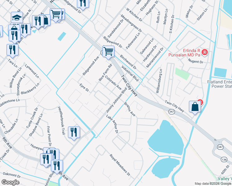 map of restaurants, bars, coffee shops, grocery stores, and more near 4710 Jimmy Johnson Boulevard in Port Arthur