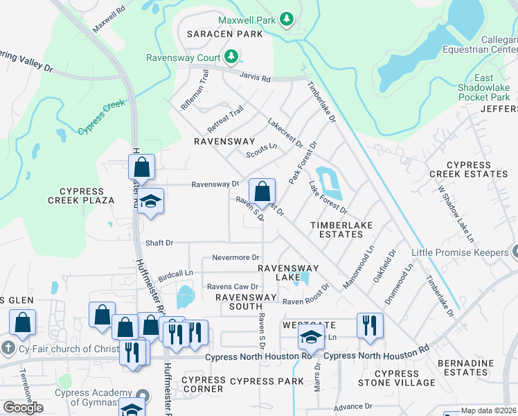 map of restaurants, bars, coffee shops, grocery stores, and more near 12819 Raven South Drive in Cypress