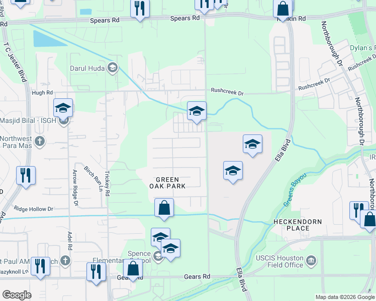 map of restaurants, bars, coffee shops, grocery stores, and more near 1222 Bartlett Cove Drive in Houston