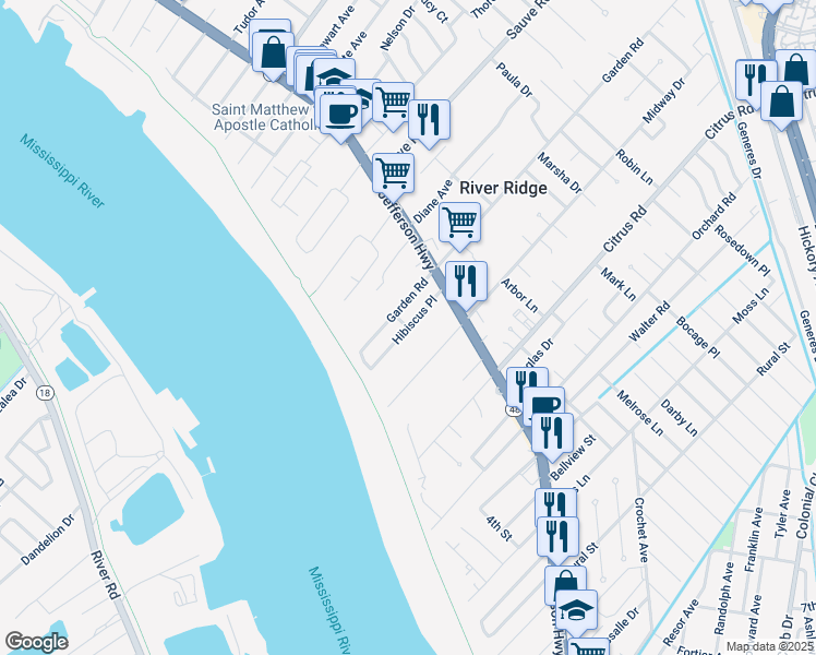 map of restaurants, bars, coffee shops, grocery stores, and more near Hibiscus Place in New Orleans