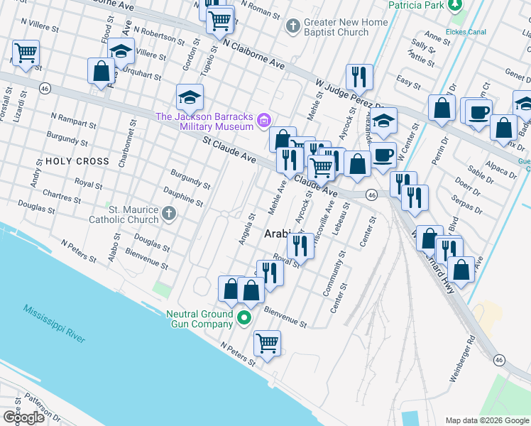 map of restaurants, bars, coffee shops, grocery stores, and more near in Arabi