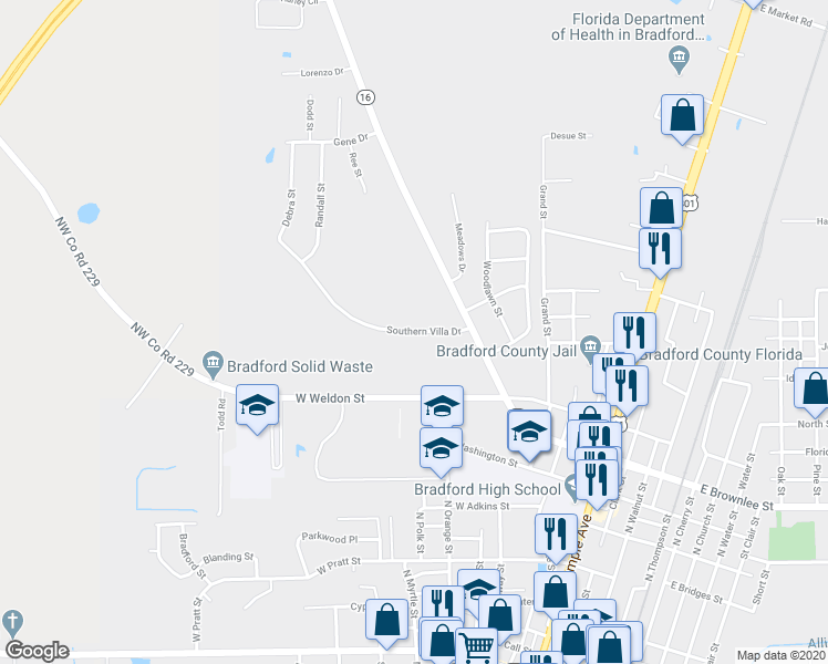 map of restaurants, bars, coffee shops, grocery stores, and more near 936 Southern Villa Drive in Starke