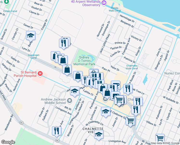 map of restaurants, bars, coffee shops, grocery stores, and more near 3338 Jean Lafitte Parkway in Chalmette