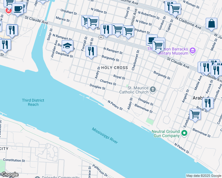 map of restaurants, bars, coffee shops, grocery stores, and more near 5630 Douglas Street in New Orleans