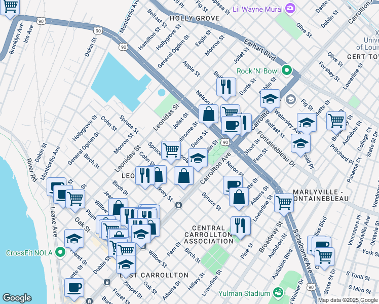 map of restaurants, bars, coffee shops, grocery stores, and more near 8235 Panola Street in New Orleans