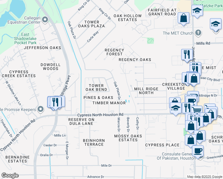 map of restaurants, bars, coffee shops, grocery stores, and more near 12502 Sableleaf Drive in Cypress