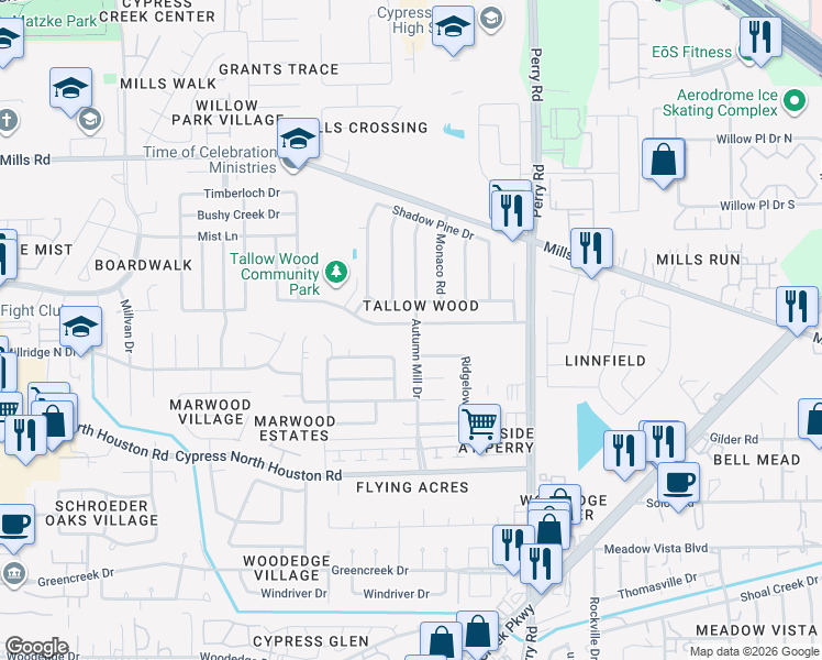 map of restaurants, bars, coffee shops, grocery stores, and more near 10003 Appleridge Drive in Houston