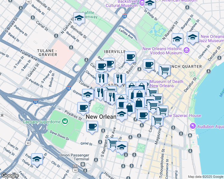map of restaurants, bars, coffee shops, grocery stores, and more near 127 Elk Place in New Orleans