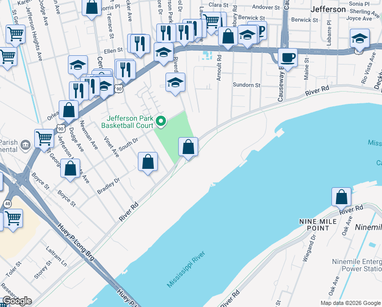 map of restaurants, bars, coffee shops, grocery stores, and more near 3908 River Road in Jefferson