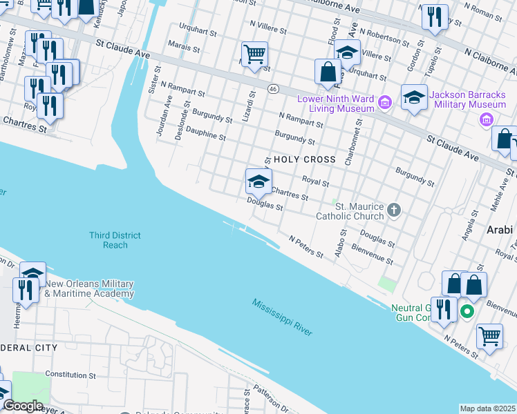 map of restaurants, bars, coffee shops, grocery stores, and more near 417 Andry Street in New Orleans