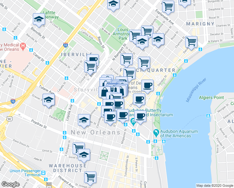 map of restaurants, bars, coffee shops, grocery stores, and more near 209 Bourbon Street in New Orleans
