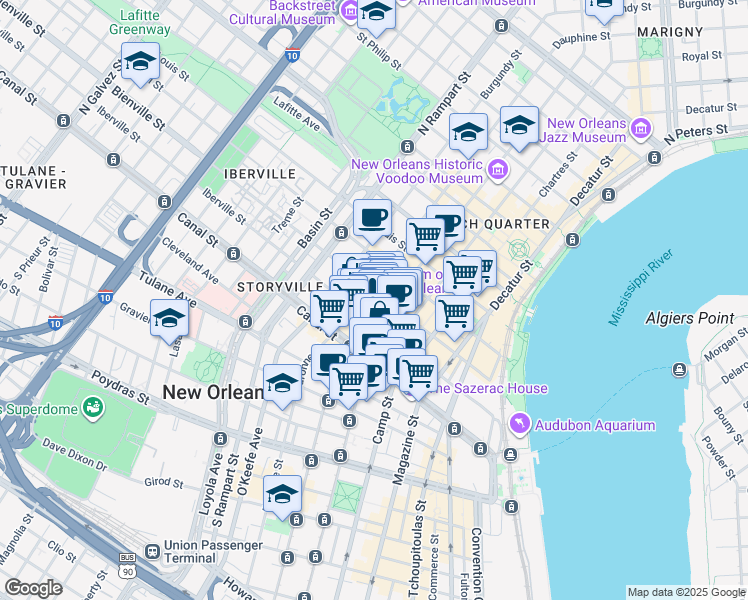 map of restaurants, bars, coffee shops, grocery stores, and more near in New Orleans