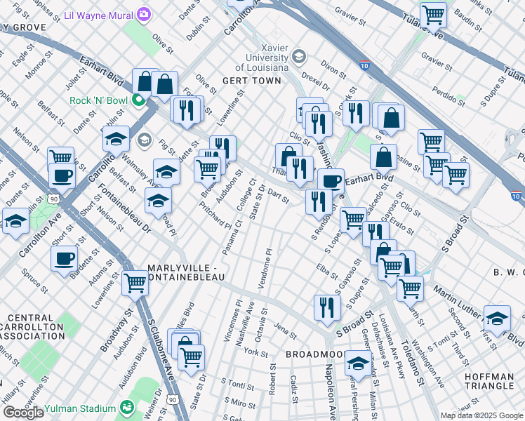 map of restaurants, bars, coffee shops, grocery stores, and more near 4204 Vendome Place in New Orleans