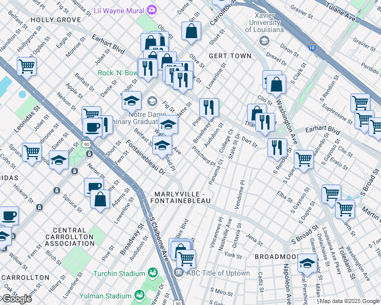 map of restaurants, bars, coffee shops, grocery stores, and more near 7111 Walmsley Avenue in New Orleans