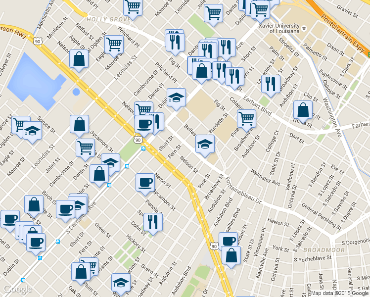 map of restaurants, bars, coffee shops, grocery stores, and more near 7803 Nelson Street in New Orleans