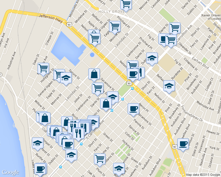 map of restaurants, bars, coffee shops, grocery stores, and more near 8235 Panola Street in New Orleans