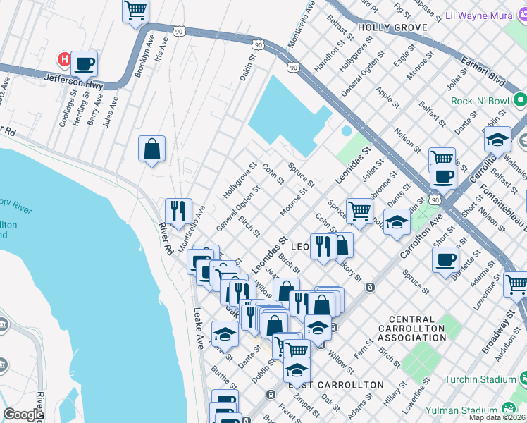 map of restaurants, bars, coffee shops, grocery stores, and more near 1619 Eagle Street in New Orleans