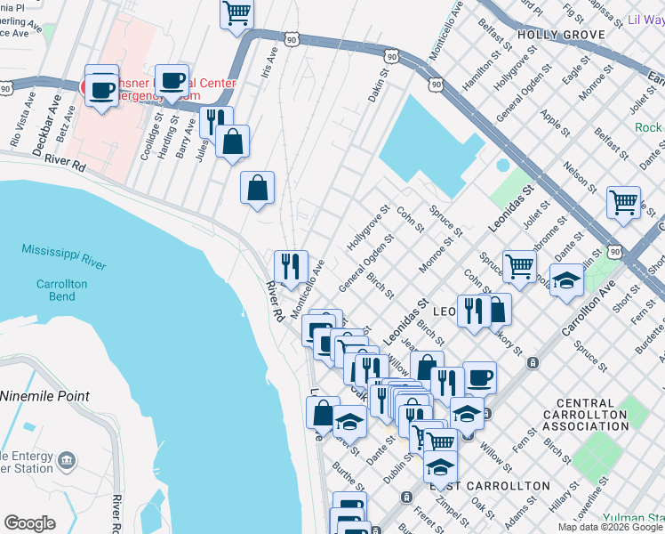 map of restaurants, bars, coffee shops, grocery stores, and more near 8924 Jeannette Street in New Orleans