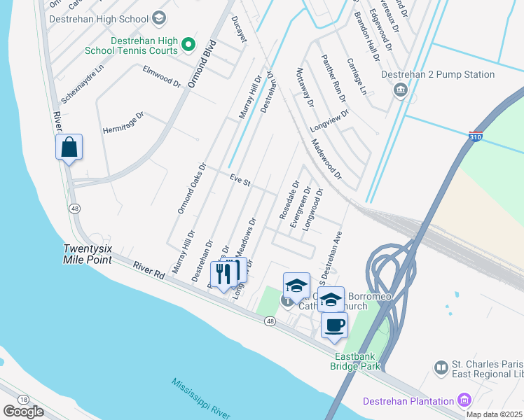 map of restaurants, bars, coffee shops, grocery stores, and more near 329 Longview Drive in Destrehan